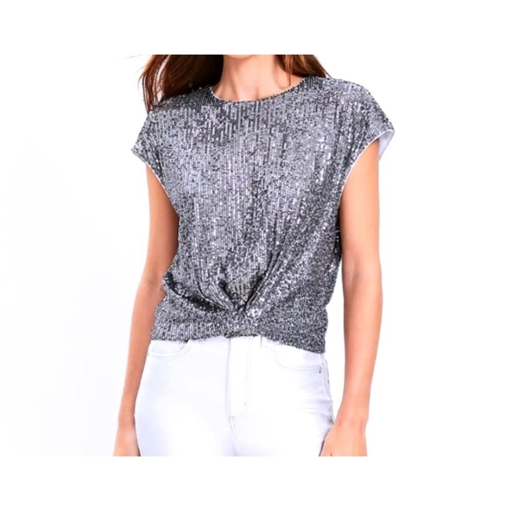 LOFT Sequin Knot Front Cap‎ Sleeve Top Dark Silver Metallic Blouse Sz LP NWT